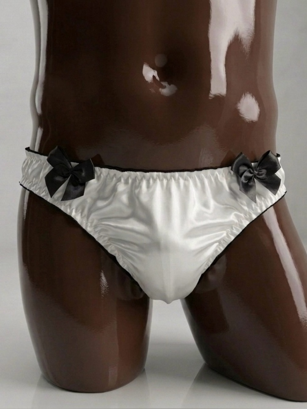 Men’s Satin White Bikini Panty with Black Trim and Bows | size L